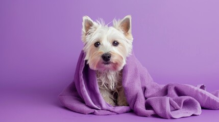 West Highland White Terrier dog post bath on purple backdrop wrapped in towel Groomed pet concept with room for text