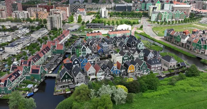 Zaandam residential houses in modern historic dutch style. Aerial view.