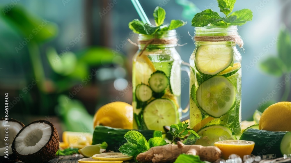 Poster refreshing summer drinks in mason jars with cucumber and lemon slices. perfect for a hot day or a su