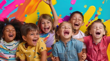 Joyful Children Playing and Laughing Together on a Vibrant Colored Background