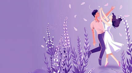 Happy couple dancing romantically against a serene lavender backdrop