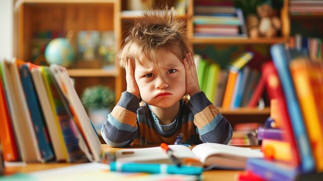 Frustrated Child Doing Homework Surrounded by Colorful Books at Table