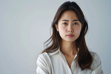An upset and disappointed Asian office girl in a professional setting against a white background.