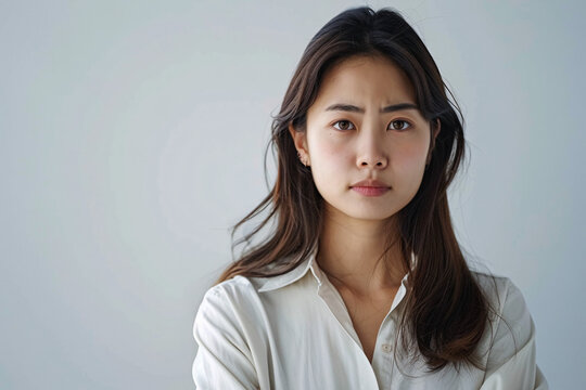 An upset and disappointed Asian office girl in a professional setting against a white background.