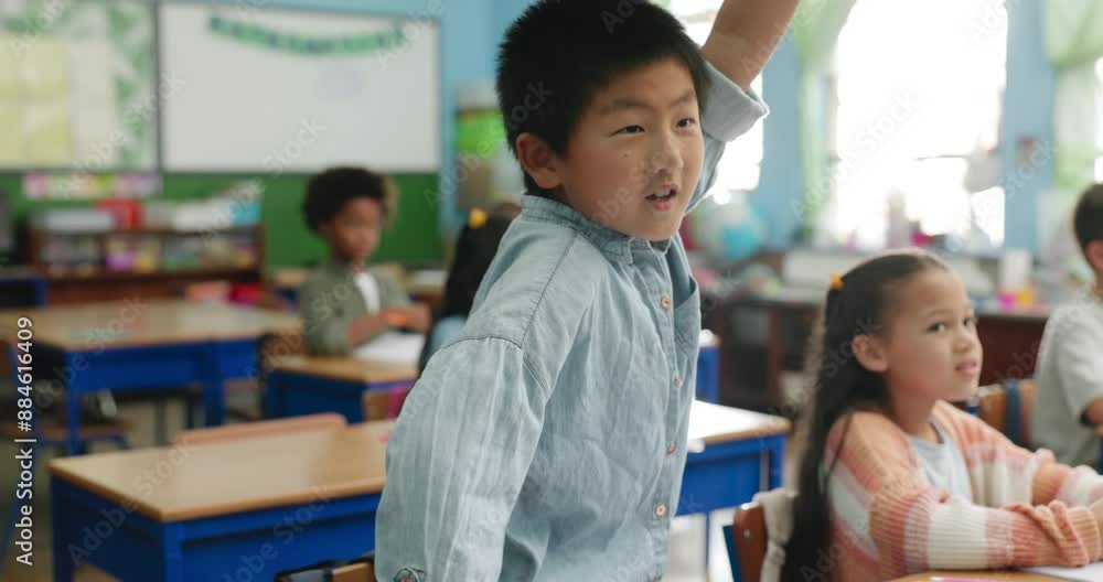 Poster school, student and boy with answer, desk and learning in class, excited and question for studying. 