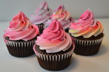 Tempting arrangement of chocolate cupcakes topped with swirls of pink and yellow frosting