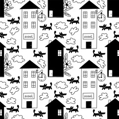 Vector seamless pattern school time design. Hand drawn doodle house, cloud, dog and flower. Single word in English school.