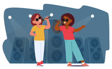 Two Blind Children Joyfully Singing And Dancing On Stage, Wearing Sunglasses And Holding Microphones