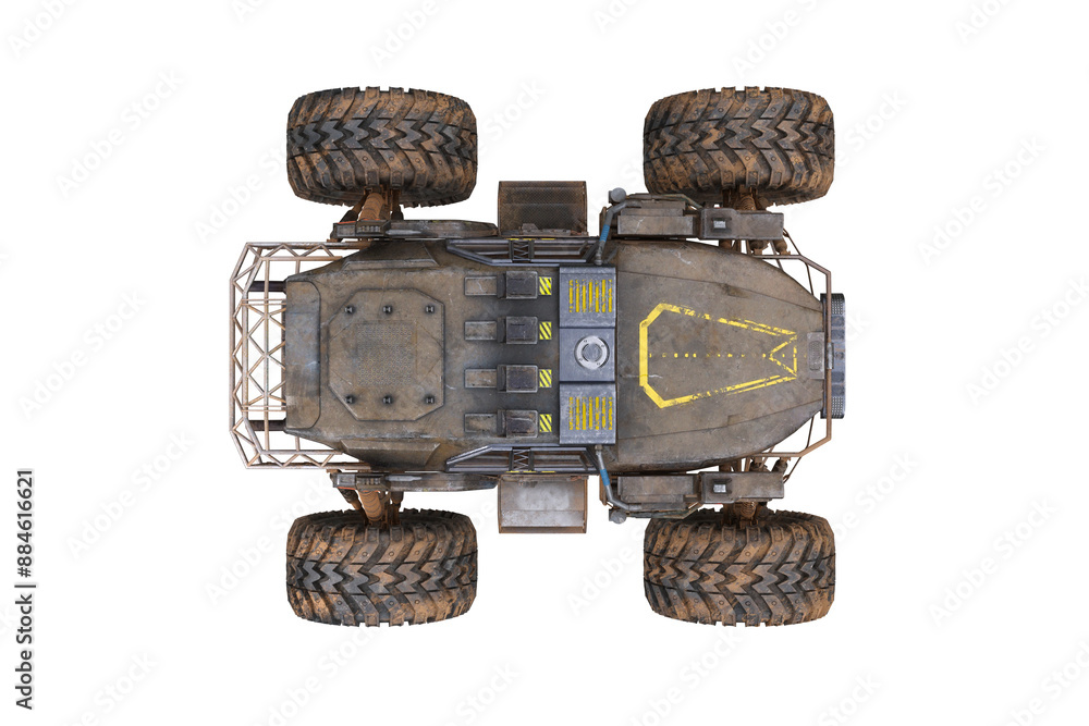 Poster overhead view of a cyberpunk style 4 wheel drive off road car with large tyres. isolated 3d render.