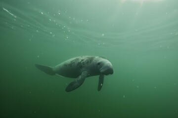 Naklejka premium Tranquil and serene underwater scene featuring a large, gentle manatee gracefully swimming in clear, placid green waters, illuminated by sunlight rays