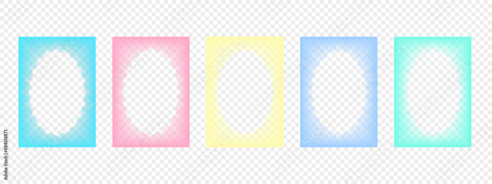 Poster collection of transparent rectangular gradient frames with wavy oval inner borders. set of retro fra