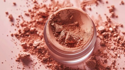 View of open jar with loose powder in beige and bronze tones on scattered powder sample Makeup concept