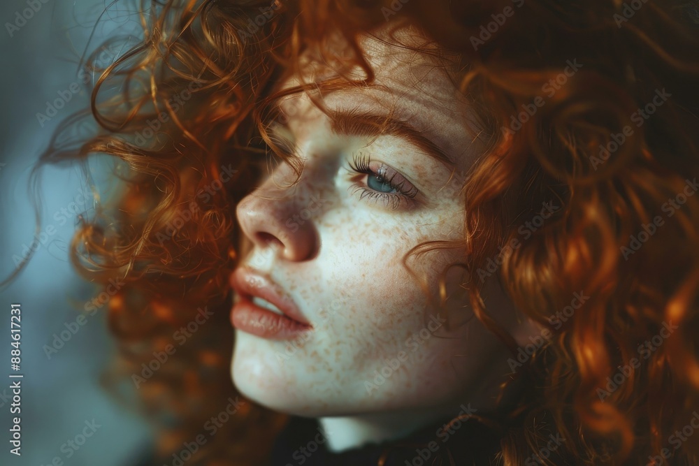 Canvas Prints Portrait of a dreamy young redhead woman with curly hair and freckles, showcasing her natural beauty and serene femininity in a pensive and thoughtprovoking closeup profile view