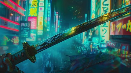 A hand gripping a katana with elaborate engravings is depicted in the foreground, angled towards a vibrant cityscape full of colorful neon signs. The blade catches and reflects the multi-colored glow 