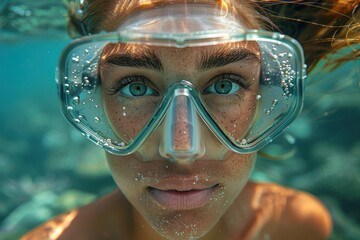 Naklejka premium Young Woman in Wetsuit and Mask Underwater, Exploring Coral Reef, Close-Up Portrait of Female Free Diver with Scuba Gear 