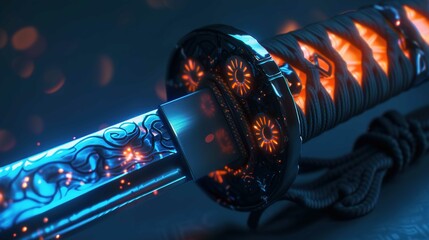 A close-up image of a futuristic or fantasy katana sword. The blade features intricate blue glowing patterns that resemble flowing water or waves, creating an ethereal effect. The guard and the handle