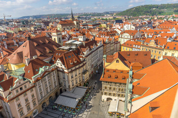 Obraz premium panorama of Prague with red roofs from above summer day, Czech Republic