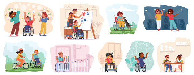 Set Of Children With Disabilities Participating In Various Developmental Activities Such As Art, Music Play And Learning