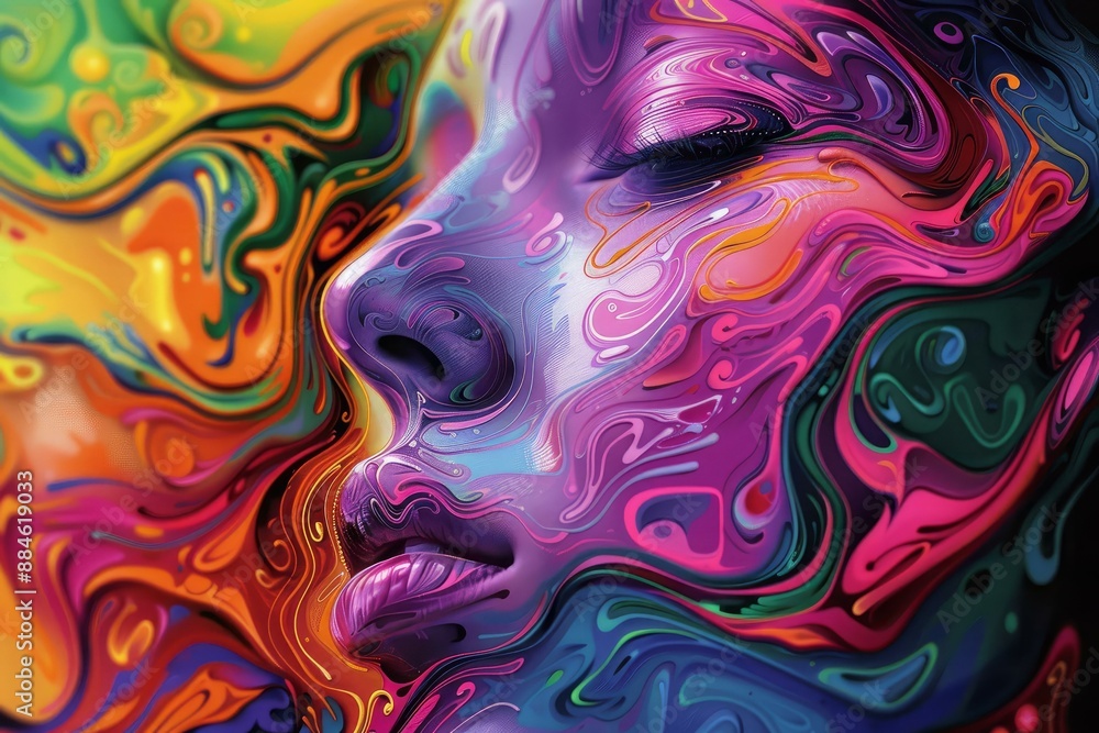 Poster exquisite and vibrant digital abstract art portrait of a colorful woman with psychedelic swirls and 
