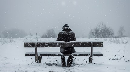 Winter Blues: Solitary figure sitting on snowy bench, holding head in pain from seasonal headache