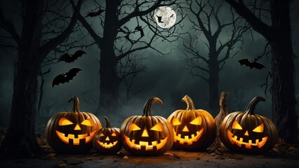 Lit Jack-O-Lanterns in a Dark Forest on Halloween Night