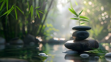 背景に竹がある石の山