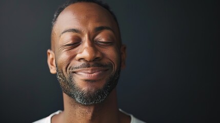 Obraz premium Serene Happiness - Portrait of a Smiling Man with Closed Eyes Exuding Relief and Contentment