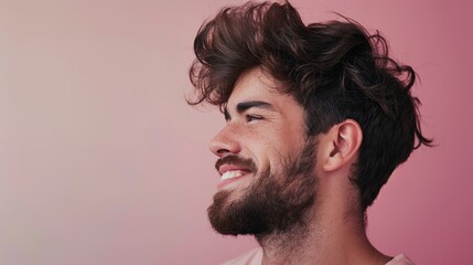 Fototapeta premium Serene Bearded Man with Satisfied Smile on Soft Pastel Background
