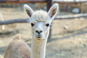 Obraz premium Closeup portrait of a curious and adorable white alpaca looking happy and peaceful, surrounded by a rural farm fence, showcasing its fluffy and soft texture