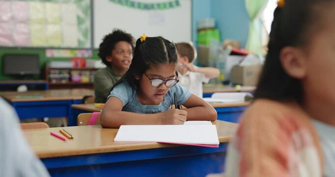 Classroom, drawing and kids with book, education and school with creativity, paper and artistic. Child development, knowledge and students with ideas, thinking or writing with studying or inspiration