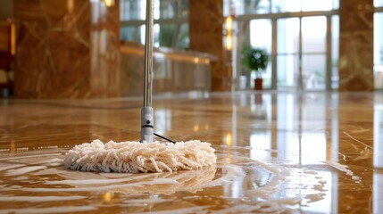 a mop in use, ensuring thorough cleanliness on the marble floor of a corporate lobby