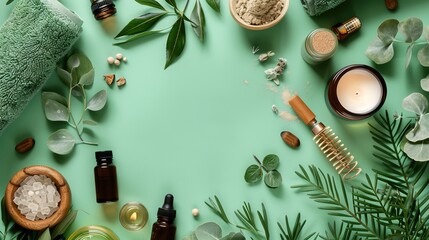 Soothing Back Pain Relief with Essential Oils and Therapeutic Tools on Green Background