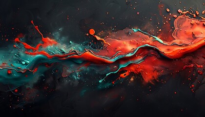 Bold splashes of red and turquoise on a solid black background, creating a dynamic and striking visual.