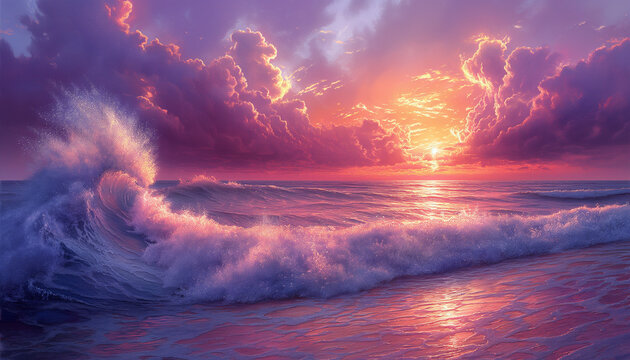 Oceano Onda do Mar Tubo fim de tarde por do sol contra o mar nuvens roxo laranja praia surf