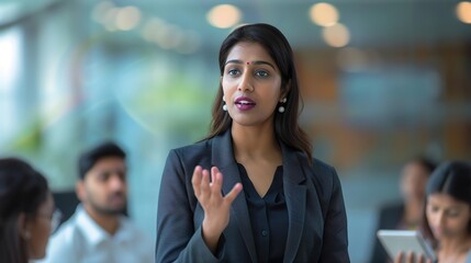 Dynamic Indian Businesswoman Leading Team Meeting in Modern Professional Office Environment with Blurred Background