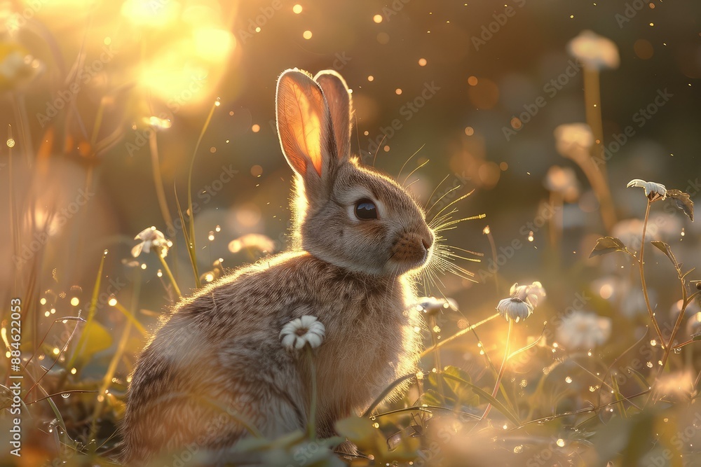 Sticker serene rabbit illuminated by a golden sunset amidst blooming flowers