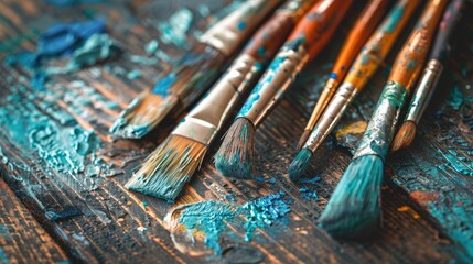 Fototapeta premium Close up of artist paintbrushes on old rustic wooden desk