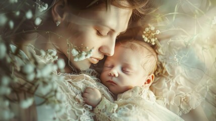 Fototapeta premium Tender moment of a mother and her newborn baby. The mother embraces baby in a floral setting. Soft light and pastel tones evoke warmth and love. Perfect for family-related themes. AI
