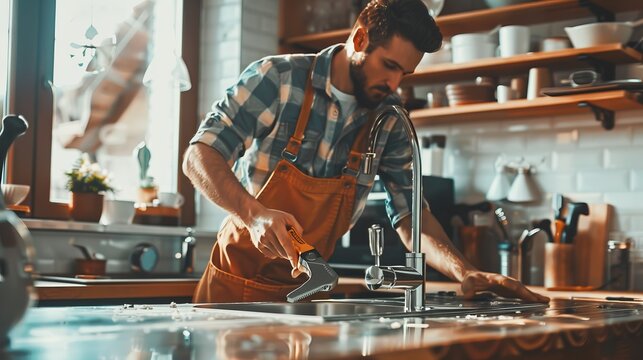 A professional in overalls works on fixing a kitchen sink with a wrench, embodying skills and expertise in plumbing tasks, providing crucial home repair services.