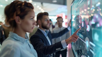 Business Professionals Interacting with Advanced Touchscreen Interface in a High-Tech Environment