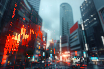 Obraz premium The Red Circle of Uncertainty: A Falling Stock Chart Against the Japanese Skyline