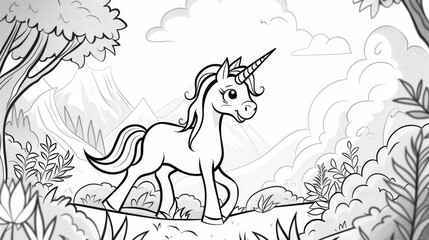 Naklejka premium Printable coloring page for children featuring a magical cartoon unicorn.