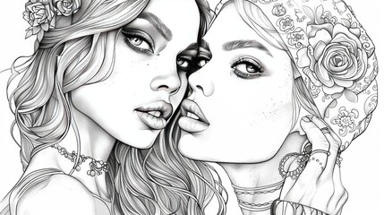 Printable or digital coloring page with stunning women for drawing, painting, or coloring. Both kids and adults will enjoy adding vibrant hues to these pages. Size: 300dpi