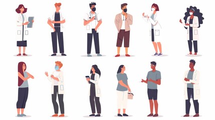 Set of Diverse Doctors and Healthcare Professionals in Lab Coats and Masks