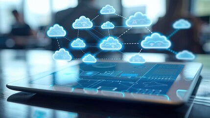 Modern Cloud Computing Network Diagram Displayed on Digital Tablet in Tech Office Setting