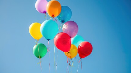 Collection of vibrant balloons in different sizes, floating against a clear blue sky