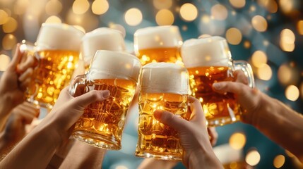 A group of friends raise their glasses of beer in a toast, celebrating a special occasion with a festive backdrop.