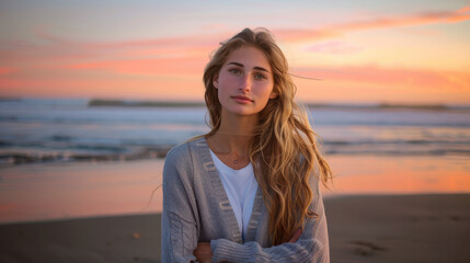 Obraz premium A photographic portrait of a young woman standing on a beach at sunset, long blonde hair gently blown by the wind, wearing a light gray sweater and a white shirt, with her arms crossed