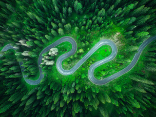 Aerial view of wet curvy road and green forest in summer. Dolomites, Italy. Top view of winding mountain road, trees, grass in rainy day. Road through the woods. Moody landscape with roadway. Alps