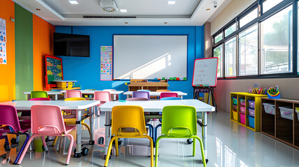 A colorful classroom with a white board and a TV